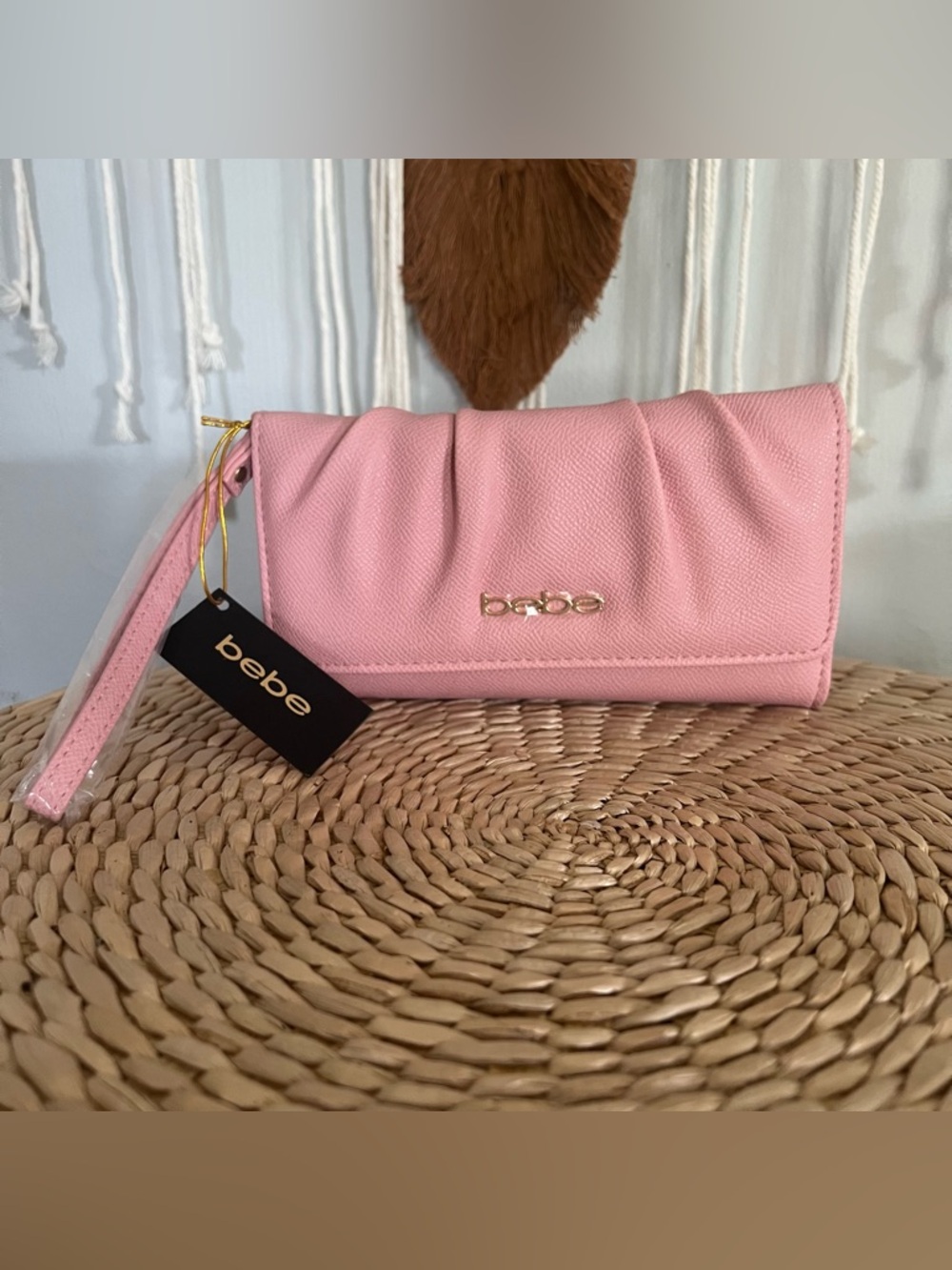 bebe Pink Fold-Over Wristlet Clutch with Gold Logo